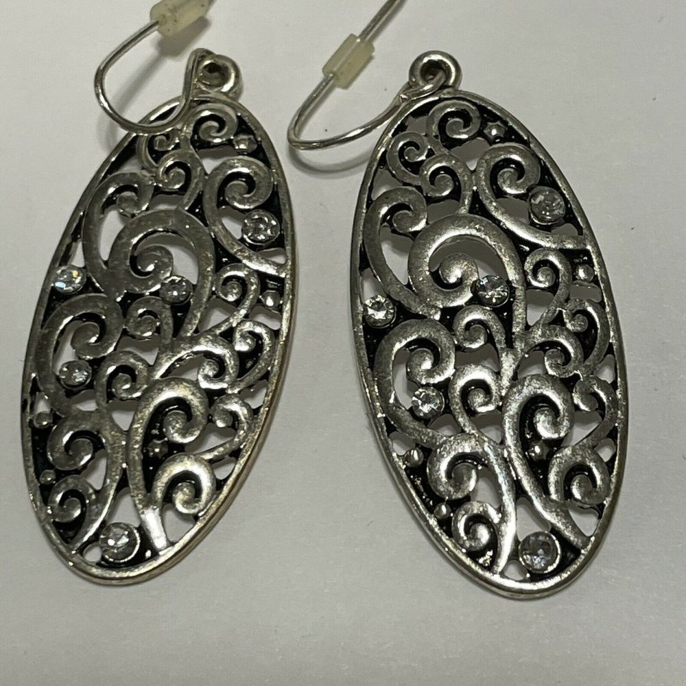 Silver Tone Openwork Scroll Dangle Hook Earrings … - image 3